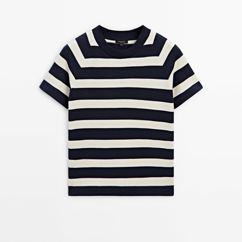 MASSIMO DUTTI Short Raglan Sleeve Cotton Sweater Tee Navy Striped Sz S Fisherman